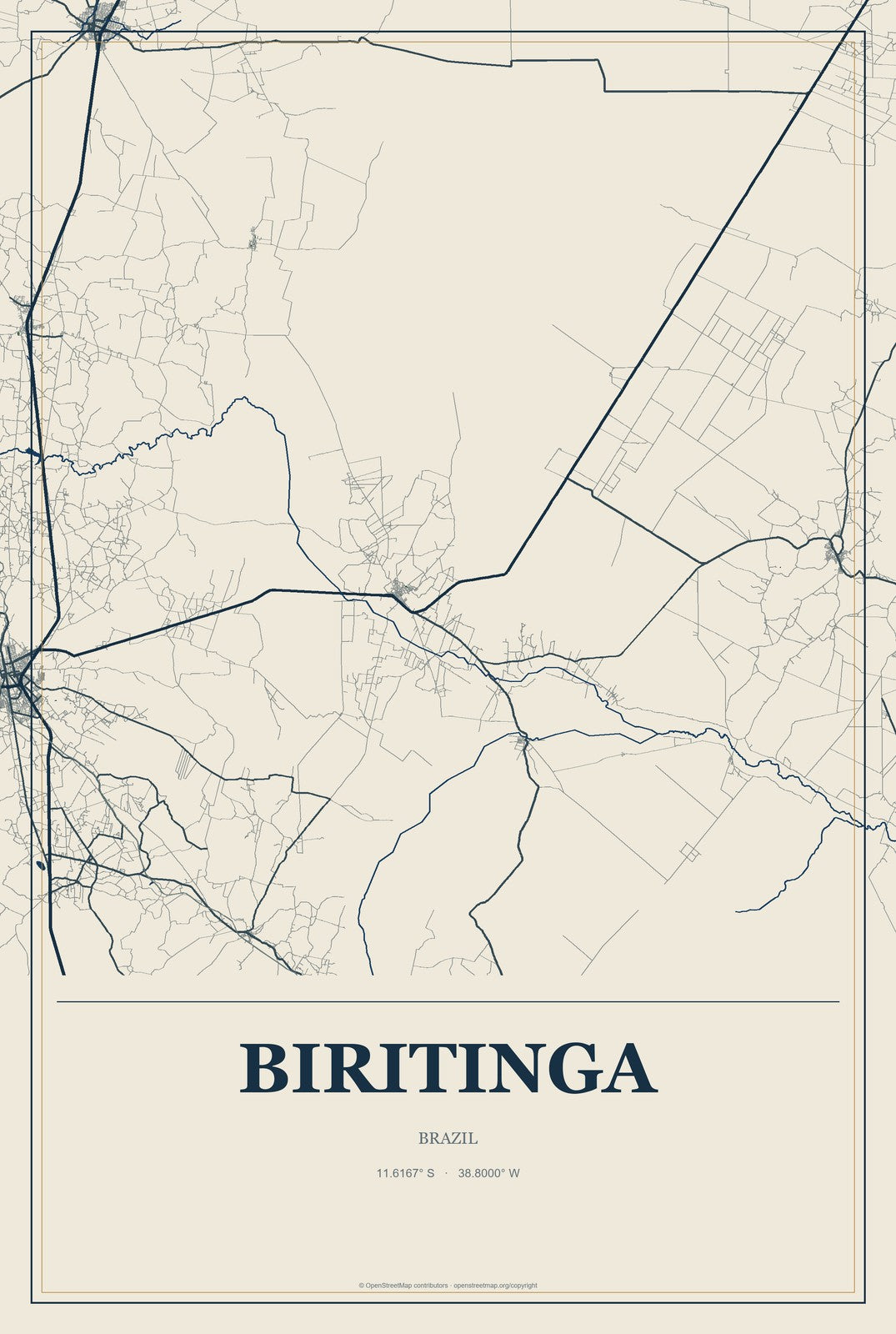 Biritinga, Brazil City Map Aluminum Sign in Coastal Cutout style