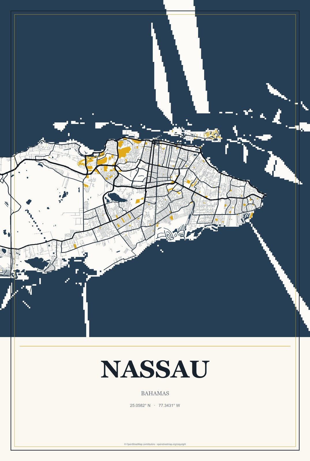 Nassau, Bahamas City Map Aluminum Sign in Citrine Modern style