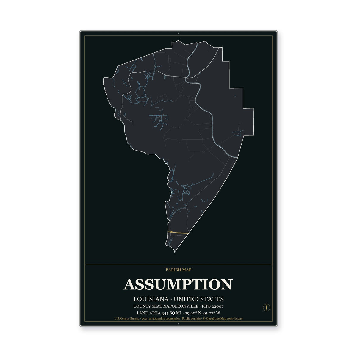 Assumption Parish, Louisiana Map Aluminum Sign in Metropolitan Noir style
