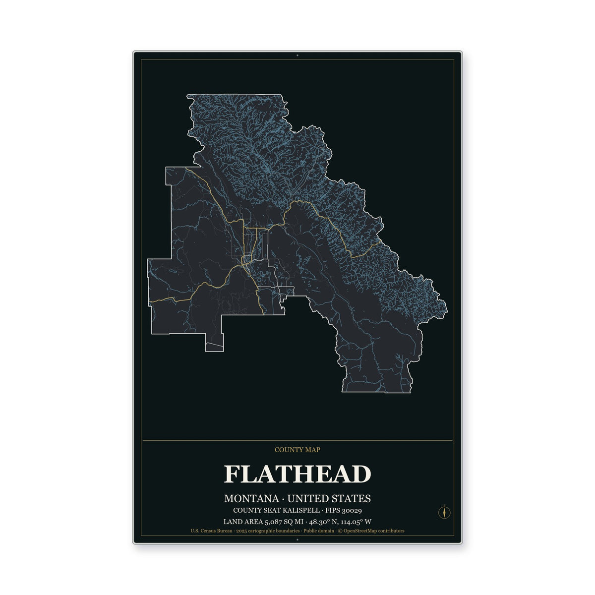 Flathead County, Montana Map Aluminum Sign in Metropolitan Noir style