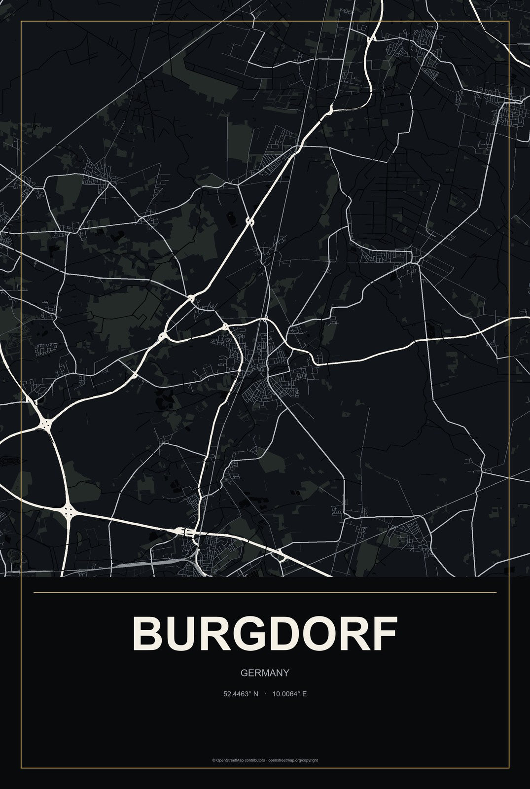 Burgdorf, Germany City Map Aluminum Sign in Metropolitan Noir style