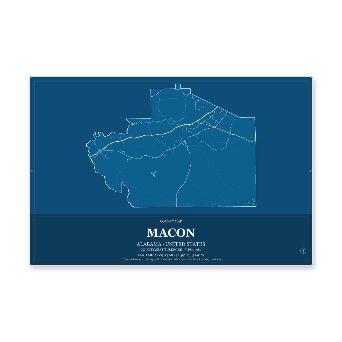 Macon County, Alabama Map Aluminum Sign in Harbor Cobalt style