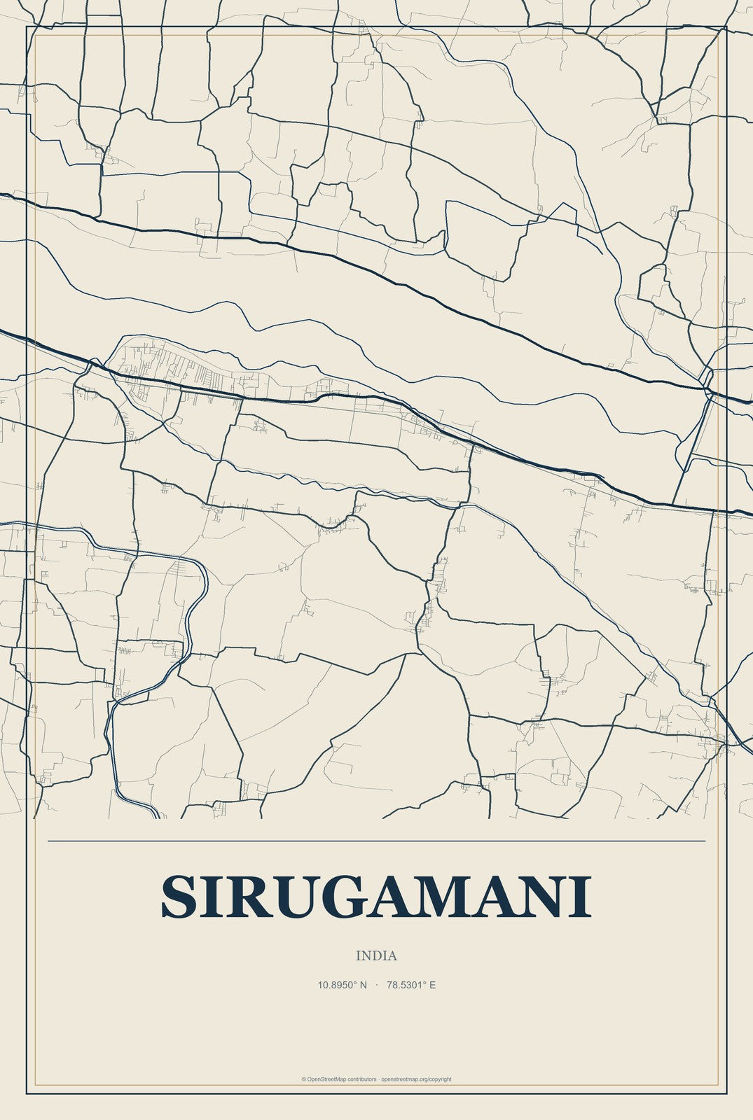 Sirugamani, India City Map Aluminum Sign in Coastal Cutout style