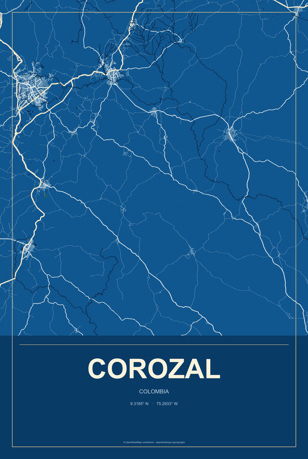 Corozal, Colombia City Map Aluminum Sign in Harbor Cobalt style