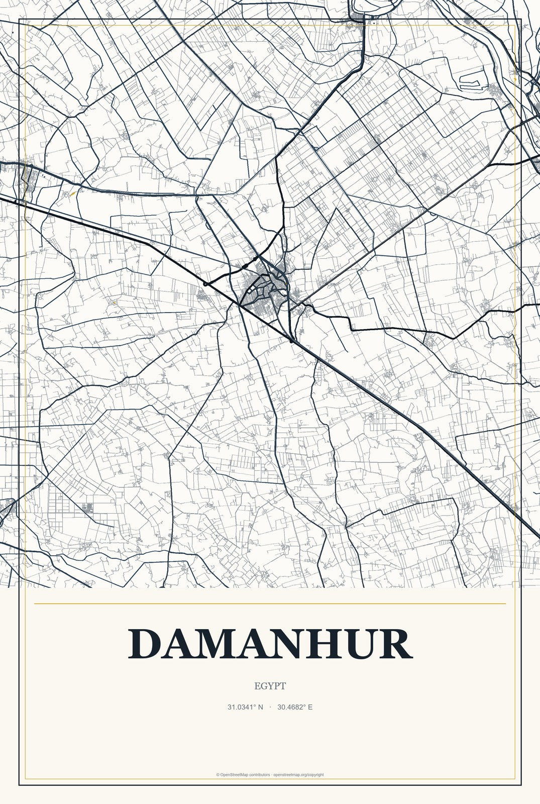 Damanhur, Egypt City Map Aluminum Sign in Citrine Modern style