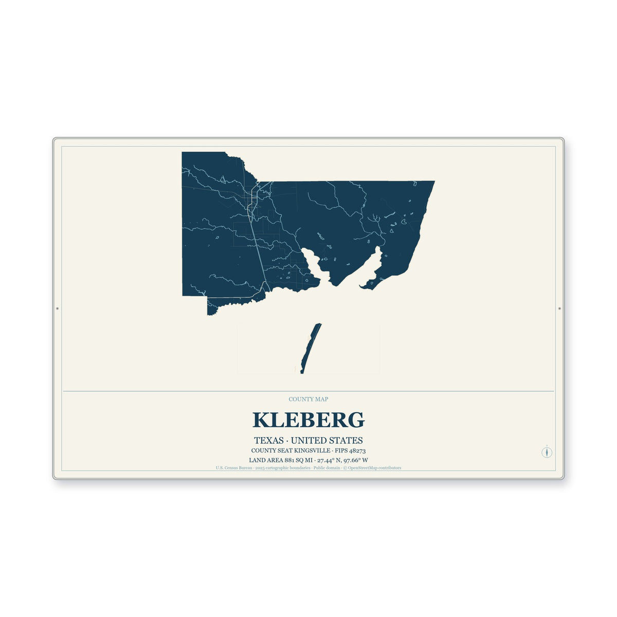 Kleberg County, Texas Map Aluminum Sign in Coastal Cutout style