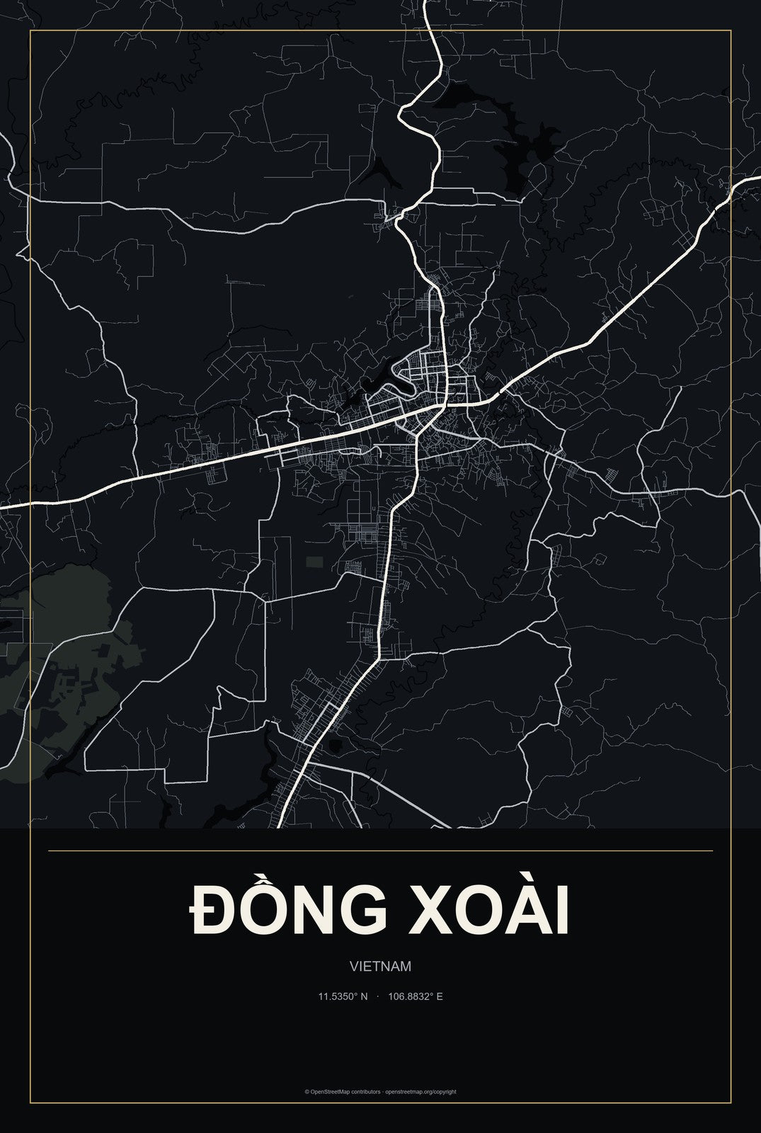 Đồng Xoài, Vietnam City Map Aluminum Sign in Metropolitan Noir style