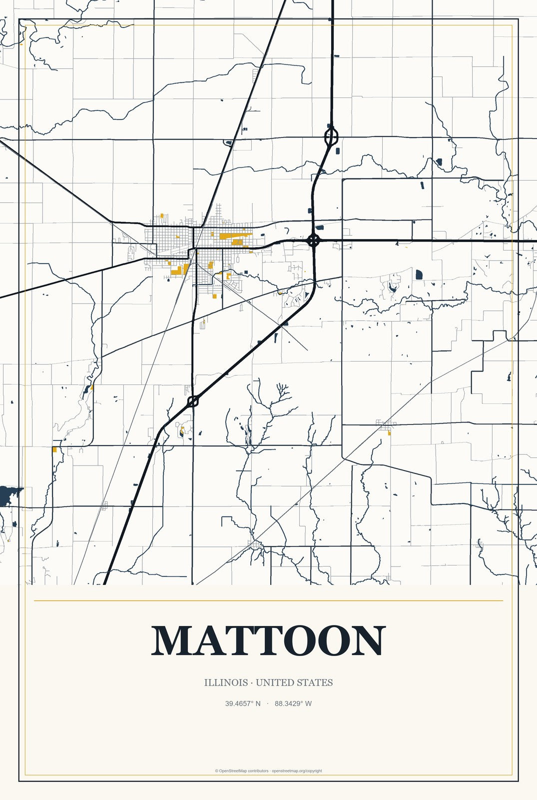 Mattoon, Illinois City Map Aluminum Sign in Citrine Modern style