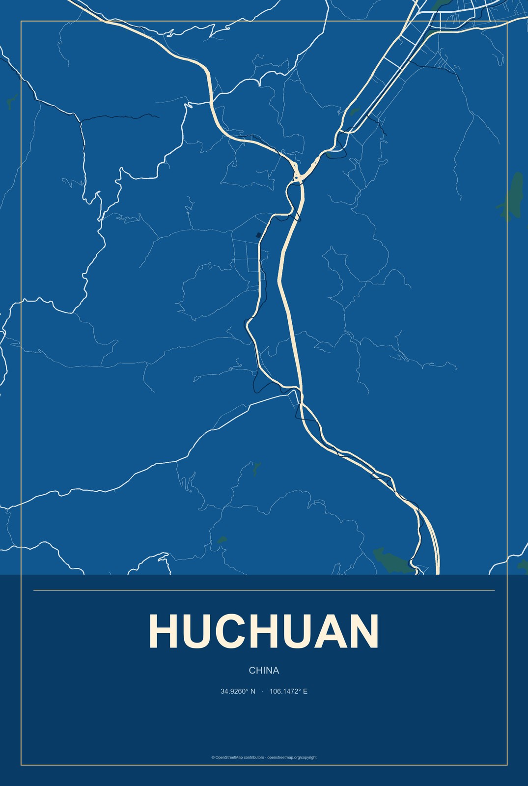 Huchuan, China City Map Aluminum Sign in Harbor Cobalt style