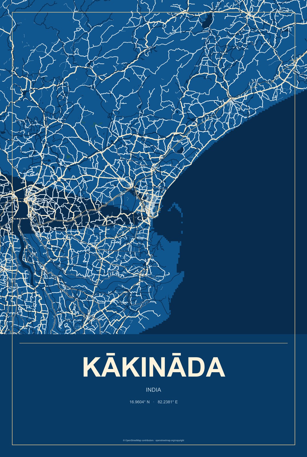 Kākināda, India City Map Aluminum Sign in Harbor Cobalt style