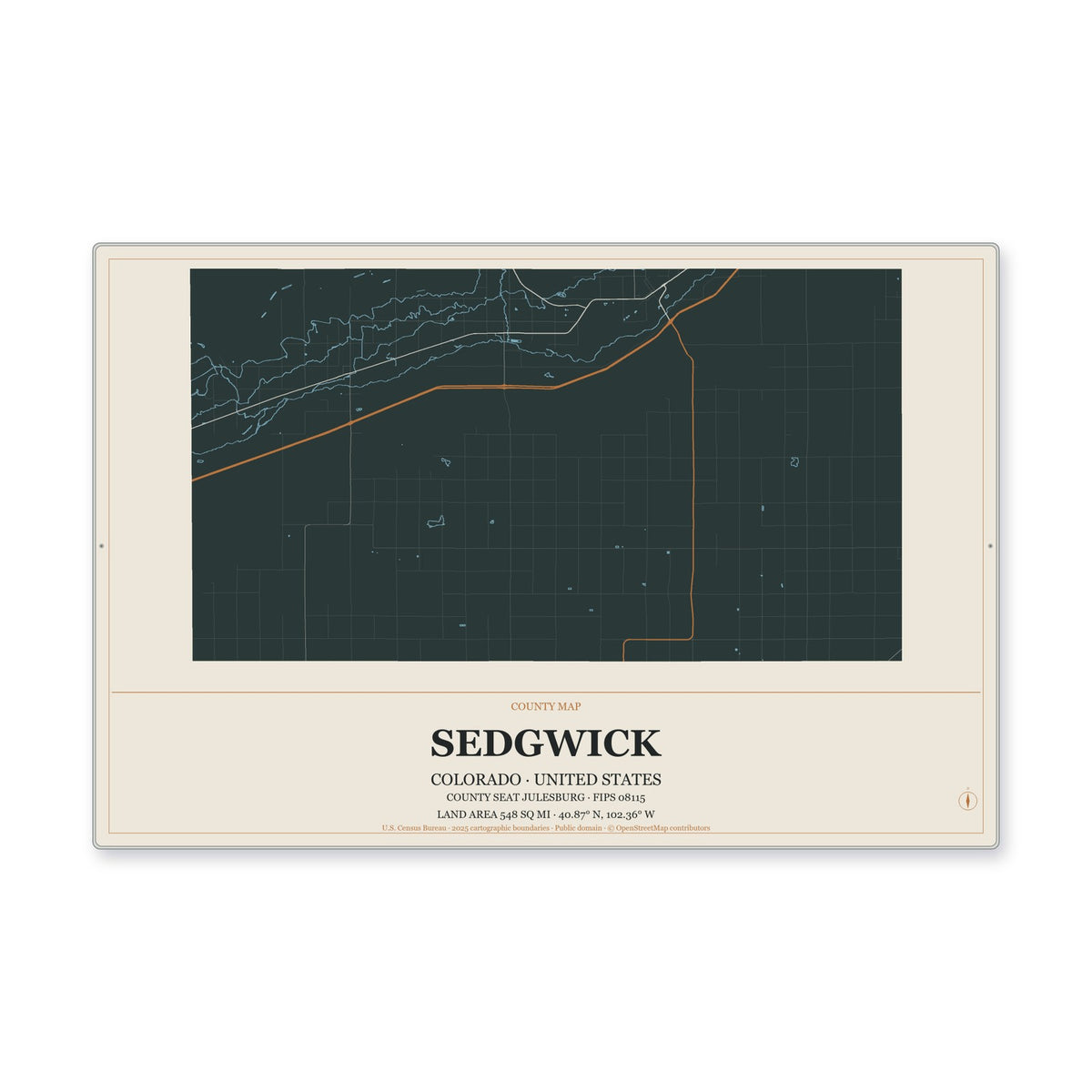 Sedgwick County, Colorado Map Aluminum Sign in Headline Atlas style