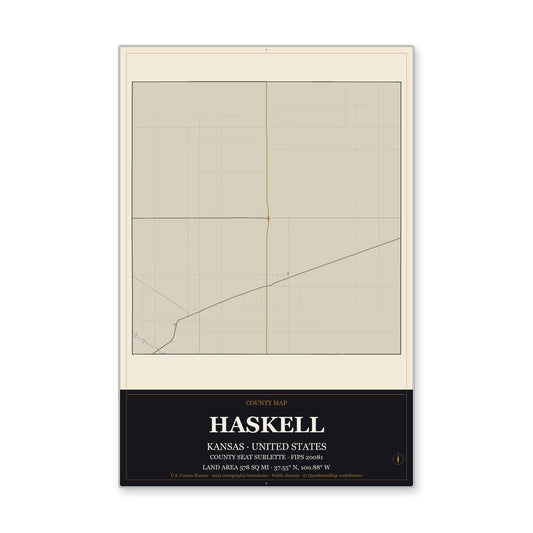 Haskell County, Kansas Map Aluminum Sign in Museum Plaque style