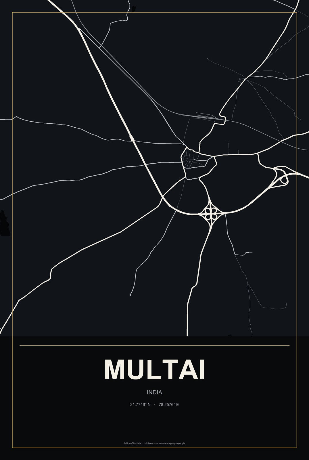 Multai, India City Map Aluminum Sign in Metropolitan Noir style