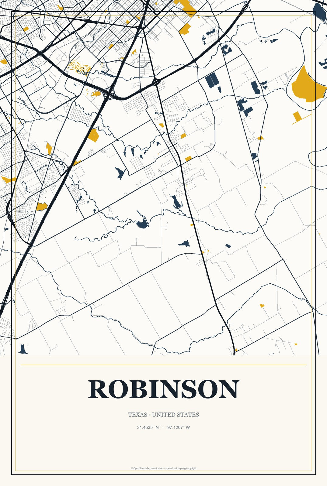 Robinson, Texas City Map Aluminum Sign in Citrine Modern style