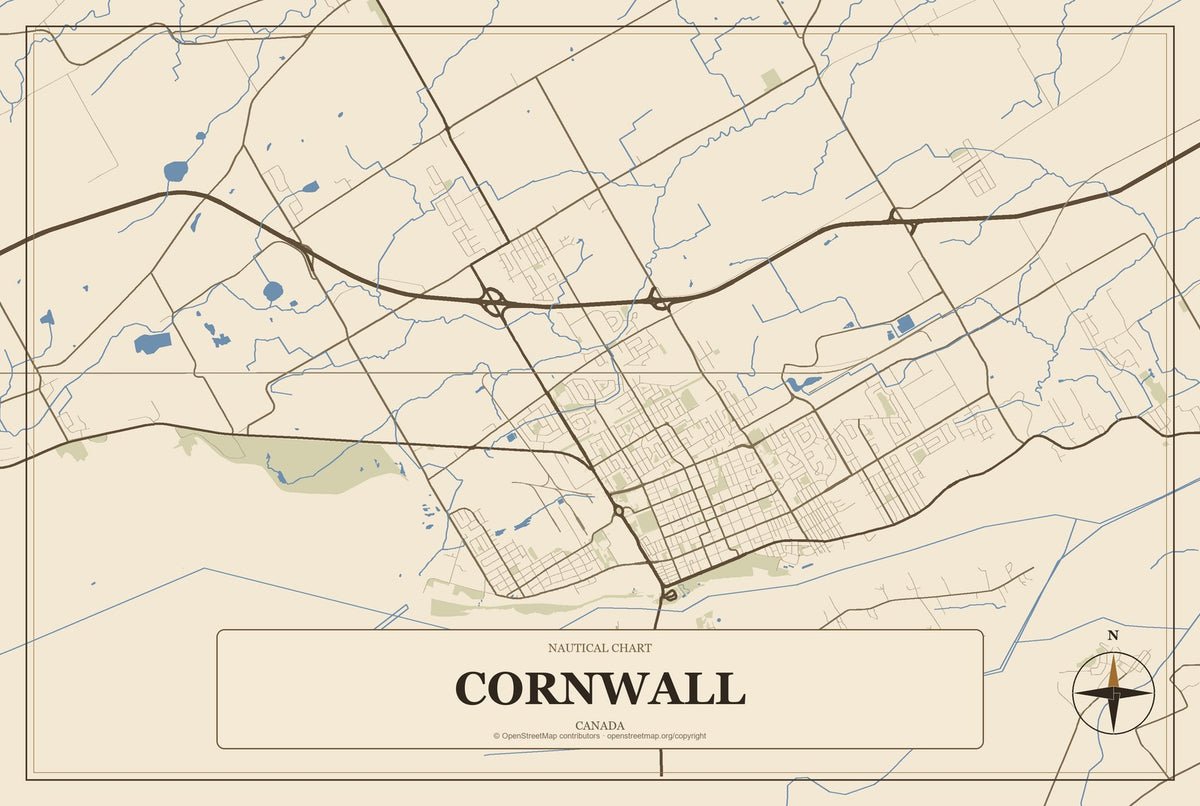 Cornwall, Canada City Map Aluminum Sign in Heritage Nautical style