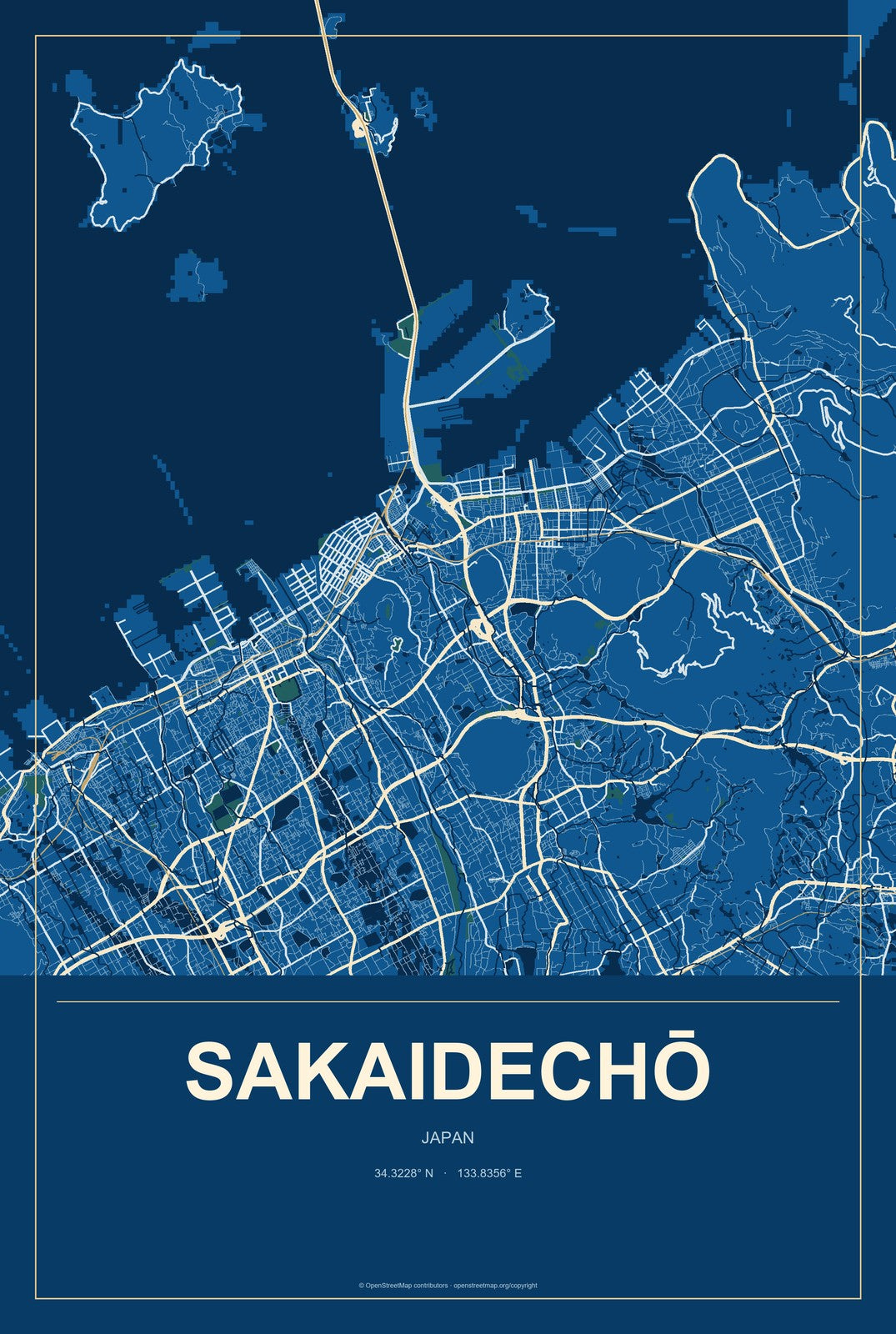 Sakaidechō, Japan City Map Aluminum Sign in Harbor Cobalt style