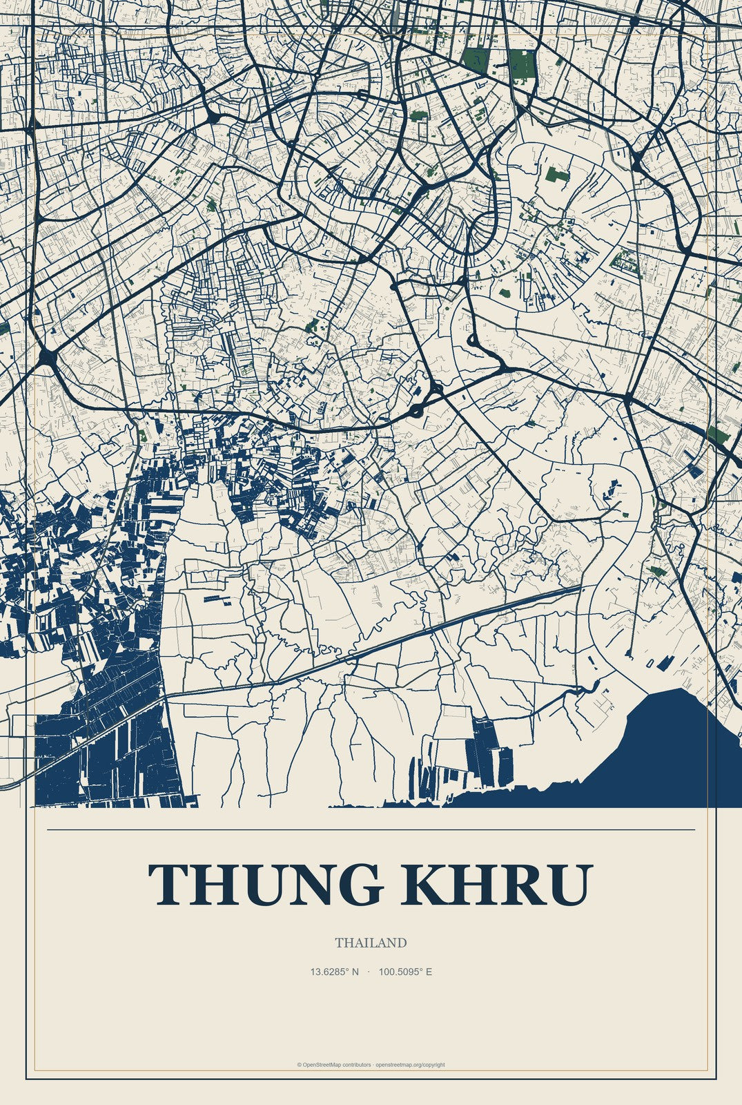 Thung Khru, Thailand City Map Aluminum Sign in Coastal Cutout style