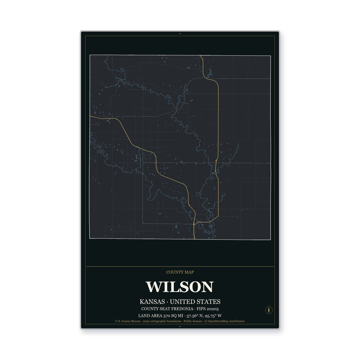 Wilson County, Kansas Map Aluminum Sign in Metropolitan Noir style