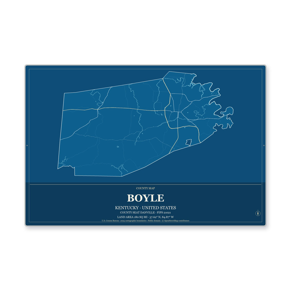 Boyle County, Kentucky Map Aluminum Sign in Harbor Cobalt style