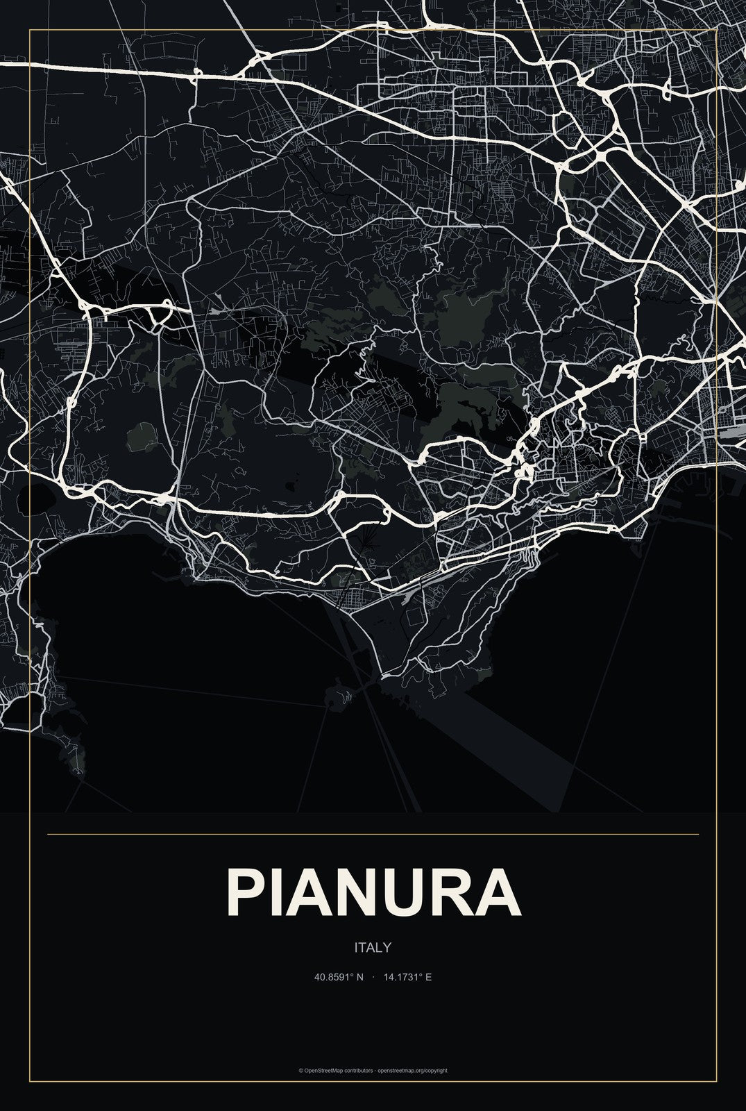 Pianura, Italy City Map Aluminum Sign in Metropolitan Noir style