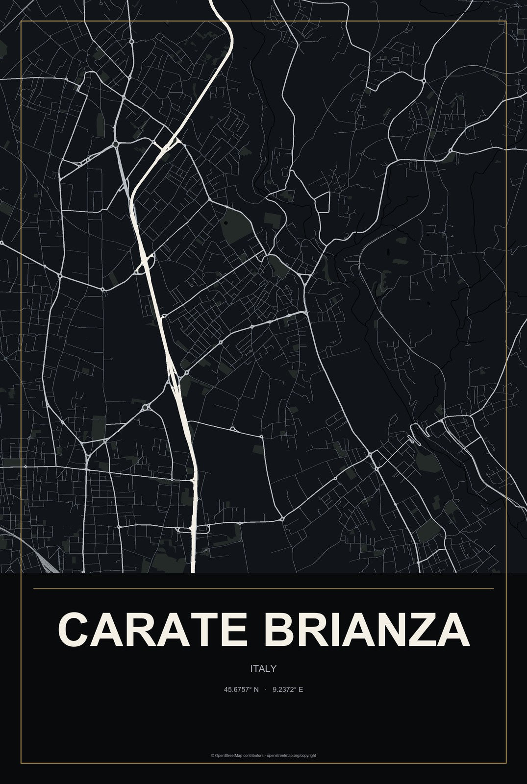 Carate Brianza, Italy City Map Aluminum Sign in Metropolitan Noir style