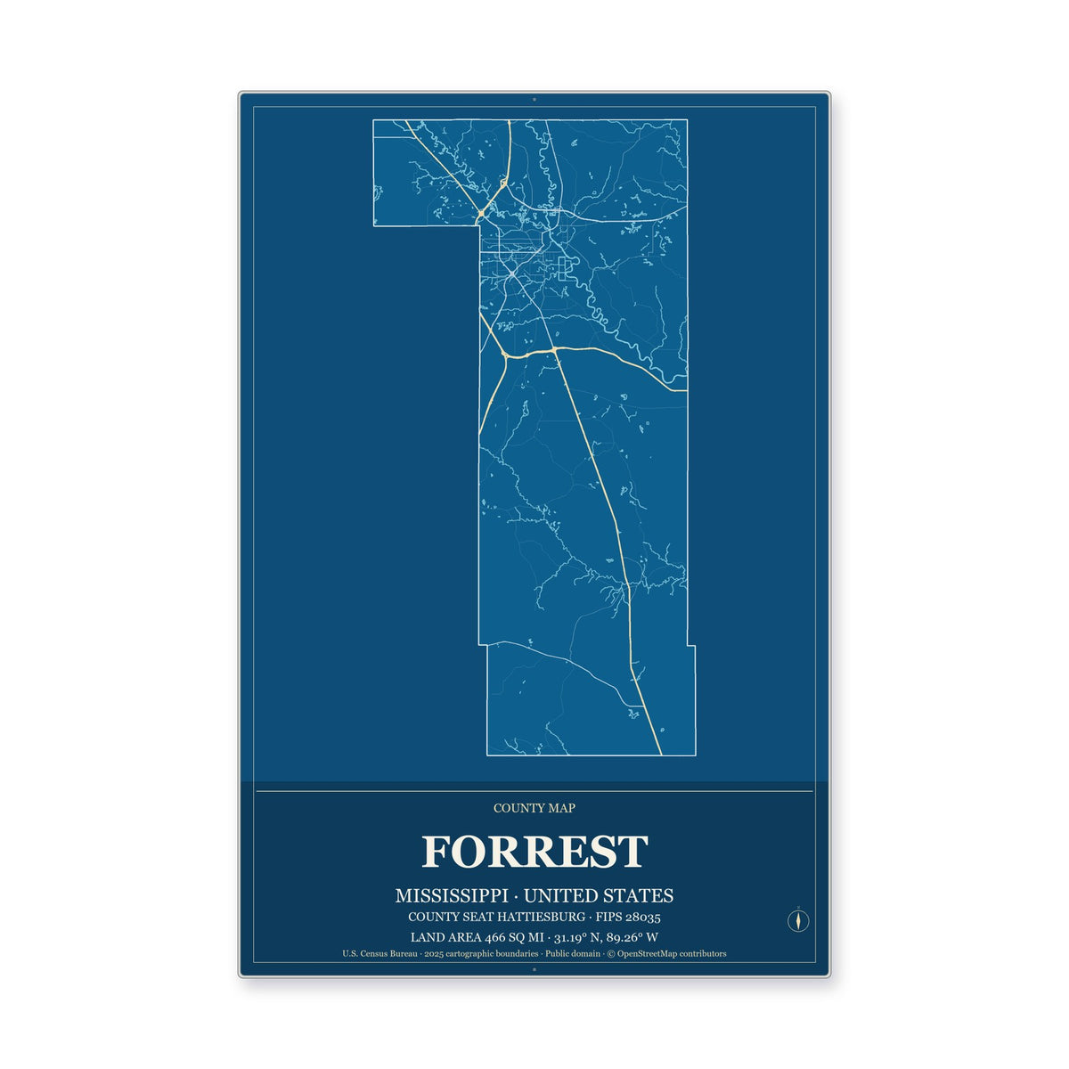 Forrest County, Mississippi Map Aluminum Sign in Harbor Cobalt style