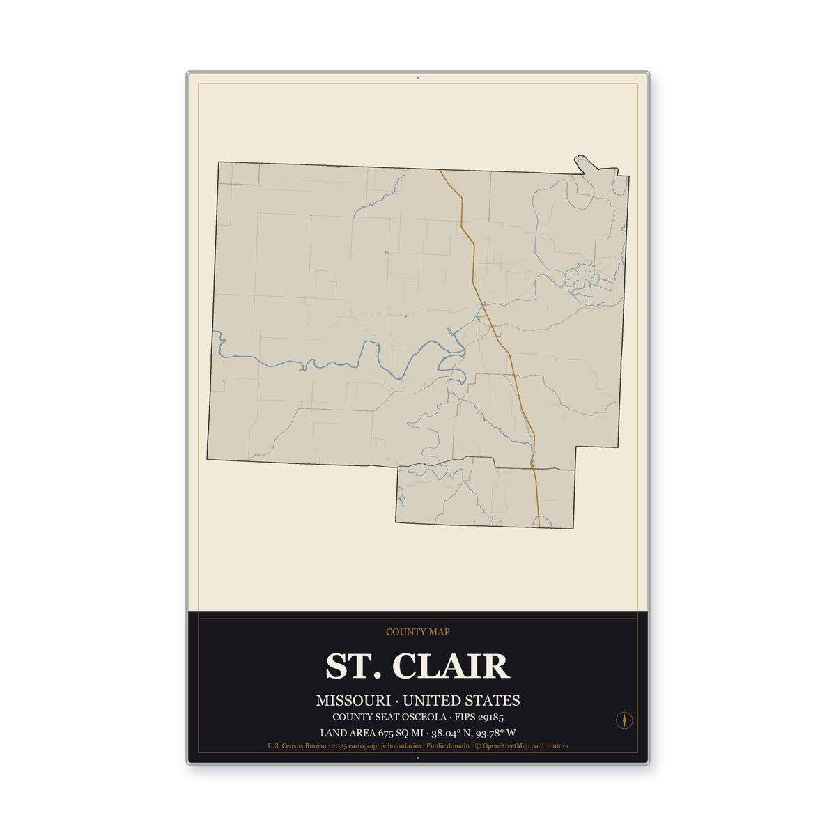 St. Clair County, Missouri Map Aluminum Sign in Museum Plaque style