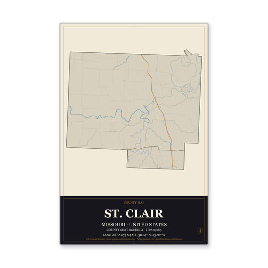 St. Clair County, Missouri Map Aluminum Sign in Museum Plaque style
