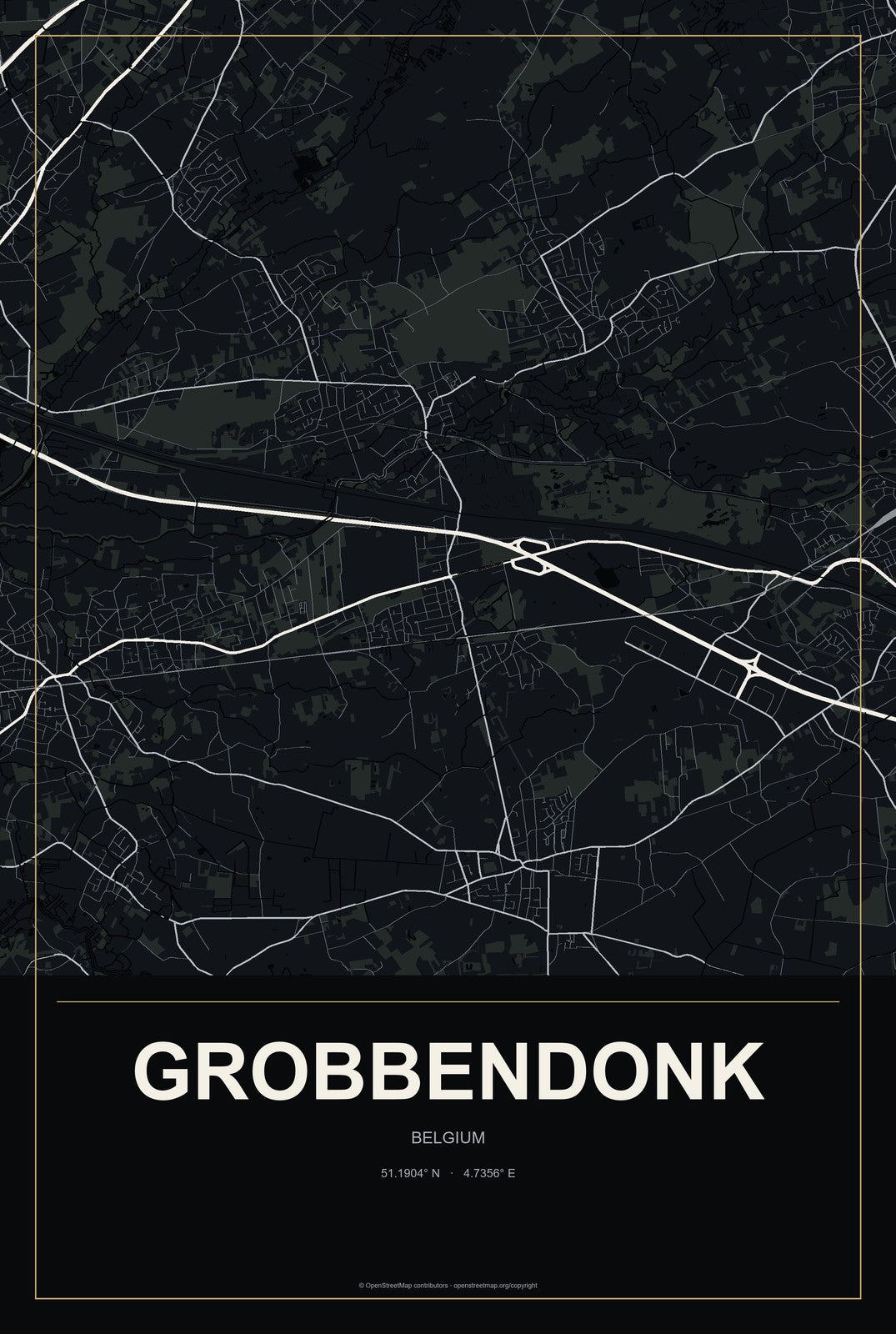 Grobbendonk, Belgium City Map Aluminum Sign in Metropolitan Noir style
