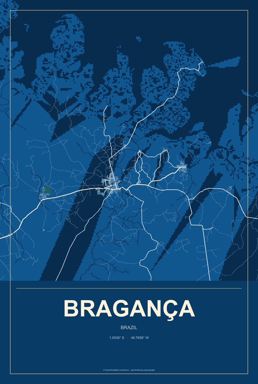 Bragança, Brazil City Map Aluminum Sign in Harbor Cobalt style