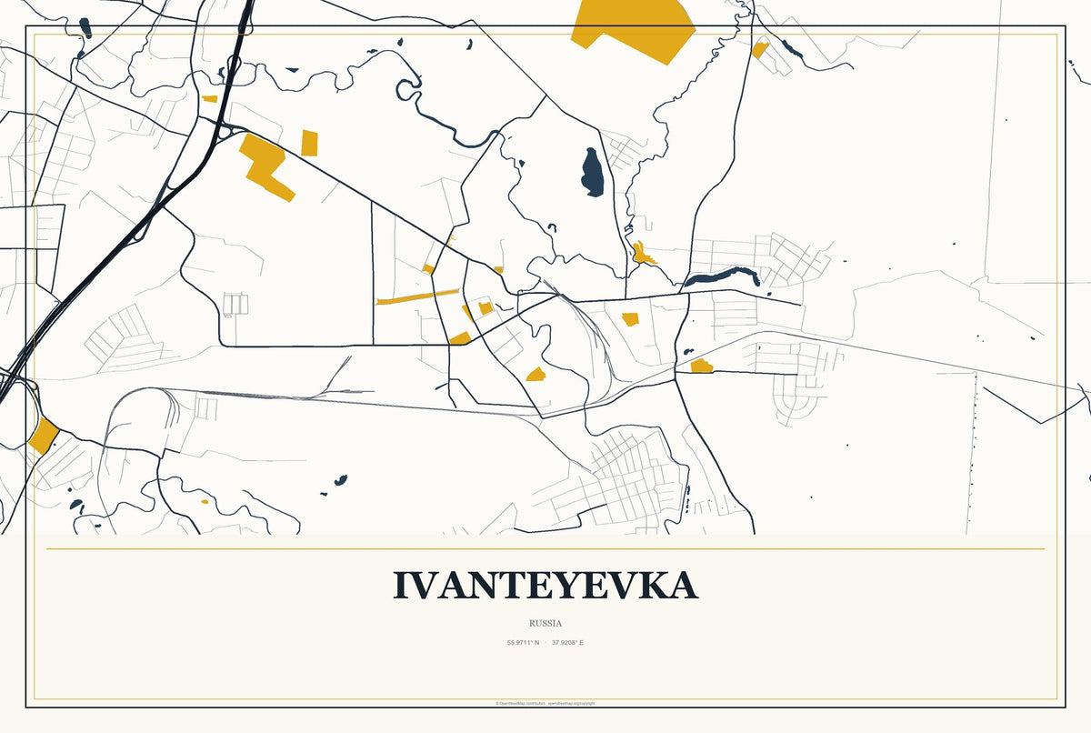 Ivanteyevka, Russia City Map Aluminum Sign in Citrine Modern style