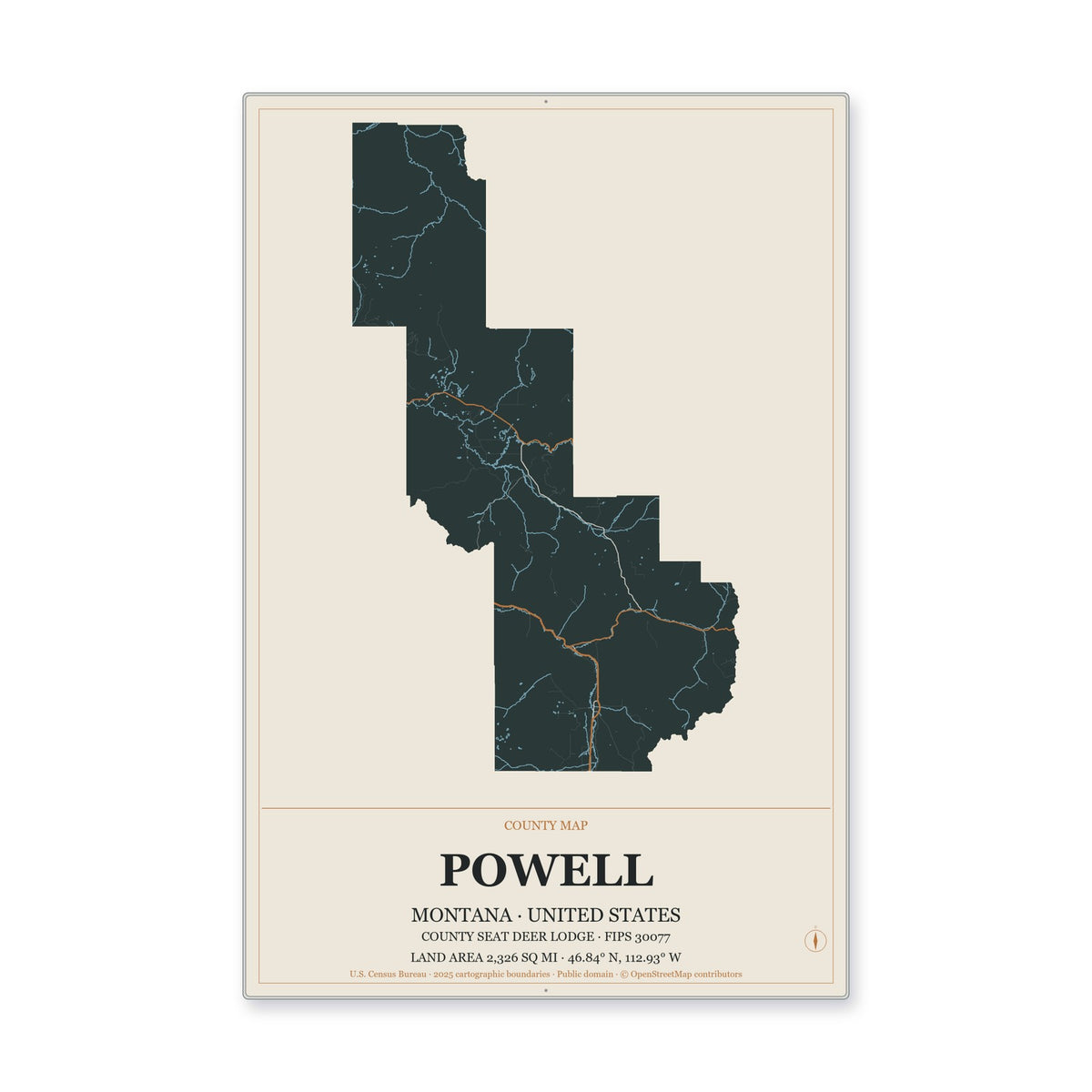 Powell County, Montana Map Aluminum Sign in Headline Atlas style