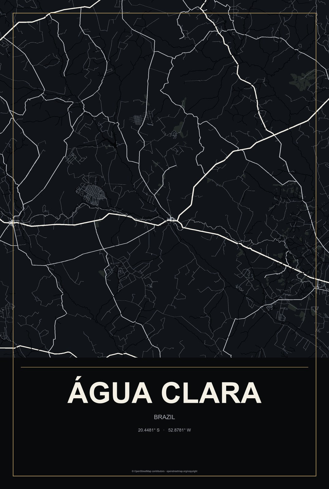 Água Clara, Brazil City Map Aluminum Sign in Metropolitan Noir style