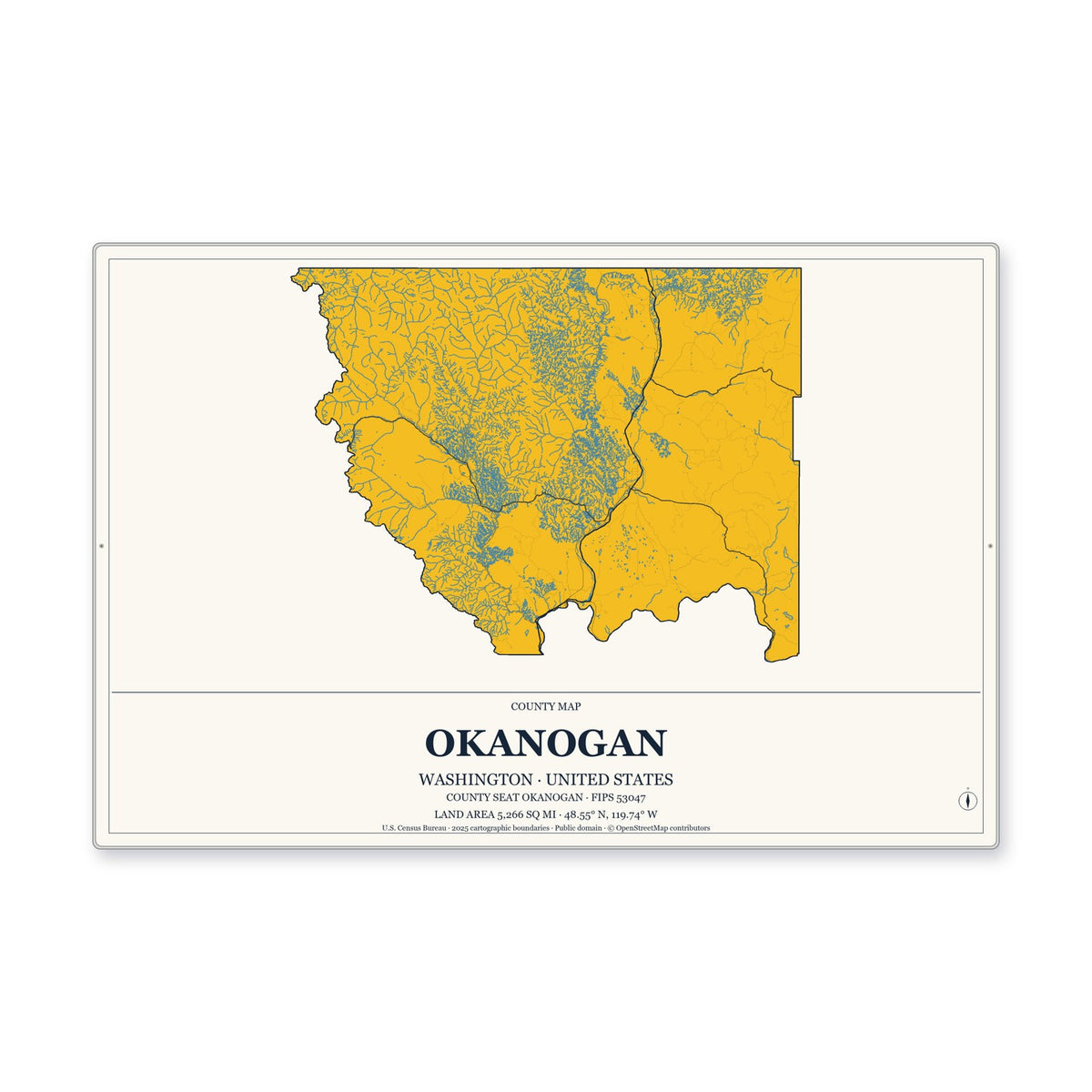 Okanogan County, Washington Map Aluminum Sign in Citrine Modern style