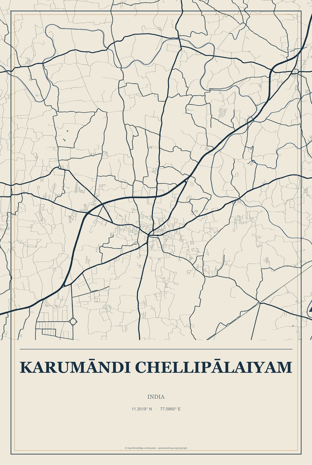 Karumāndi Chellipālaiyam, India City Map Aluminum Sign in Coastal Cutout style