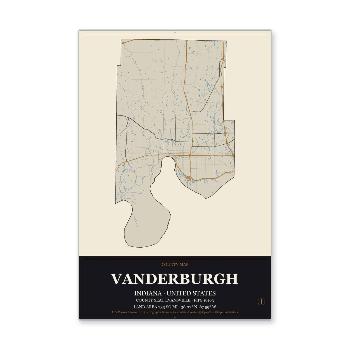 Vanderburgh County, Indiana Map Aluminum Sign in Museum Plaque style