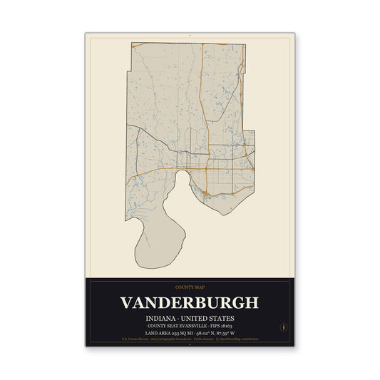 Vanderburgh County, Indiana Map Aluminum Sign in Museum Plaque style