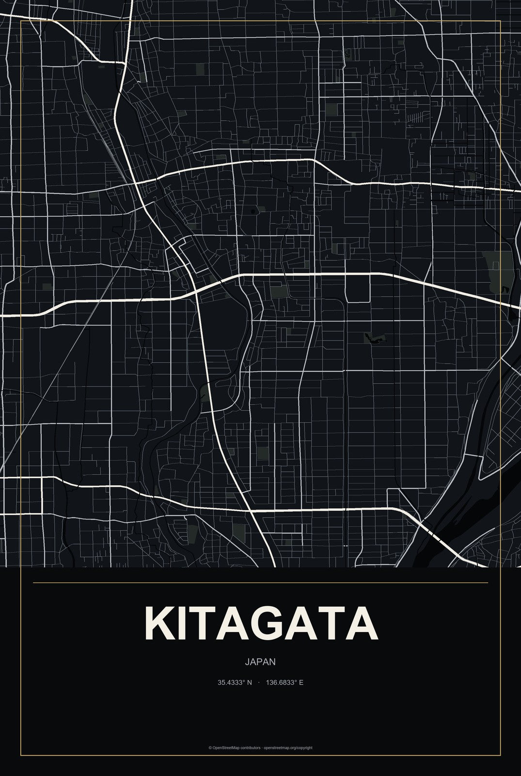 Kitagata, Japan City Map Aluminum Sign in Metropolitan Noir style