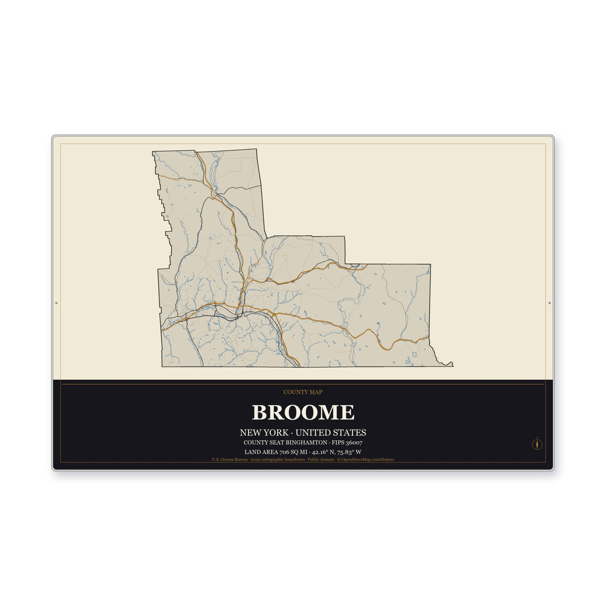 Broome County, New York Map Aluminum Sign in Museum Plaque style