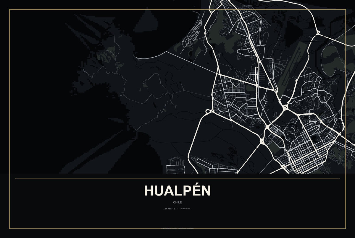 Hualpén, Chile City Map Aluminum Sign in Metropolitan Noir style