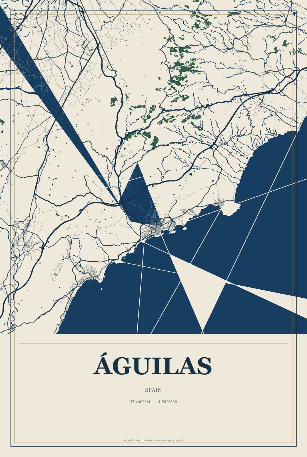 Águilas, Spain City Map Aluminum Sign in Coastal Cutout style
