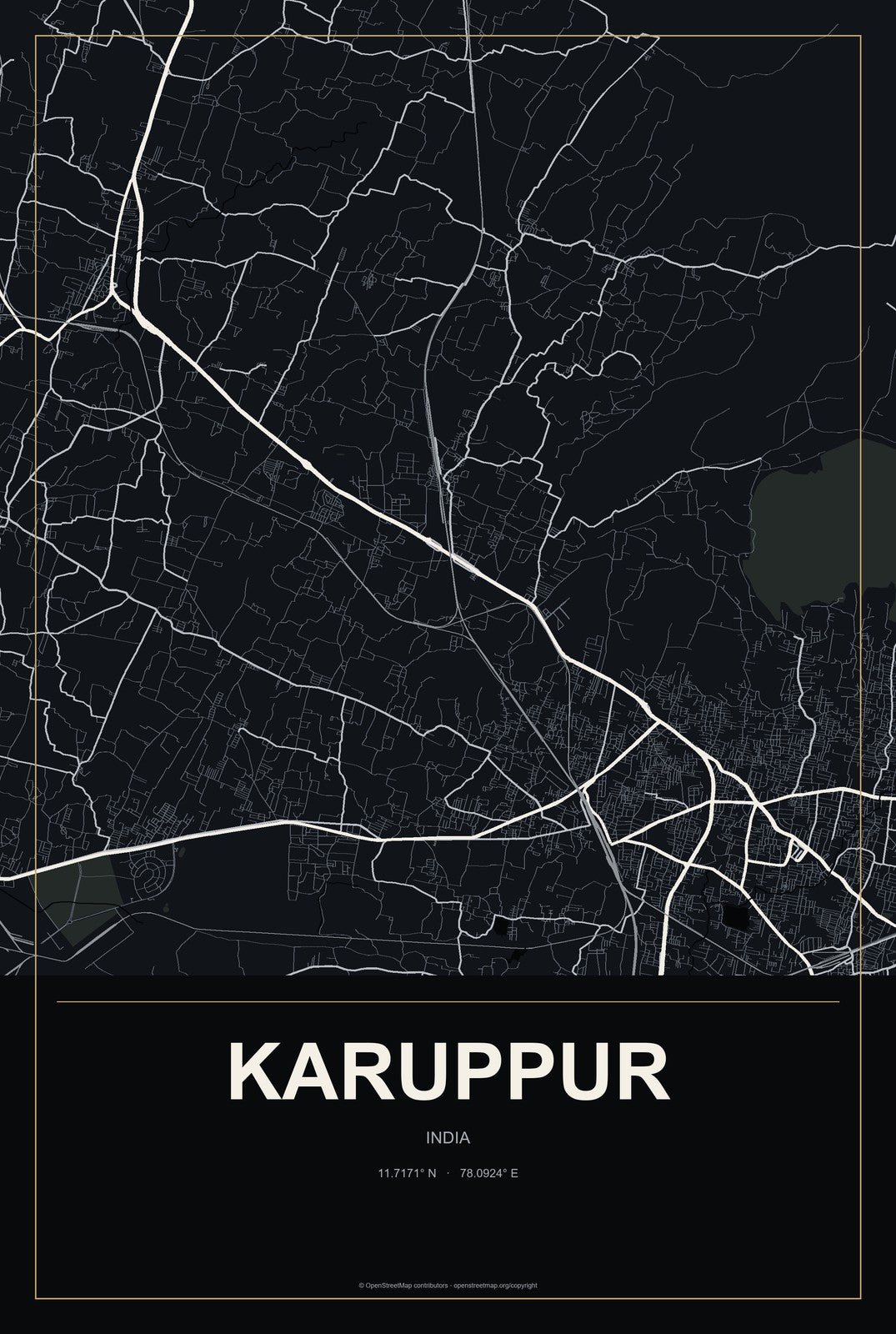 Karuppur, India City Map Aluminum Sign in Metropolitan Noir style