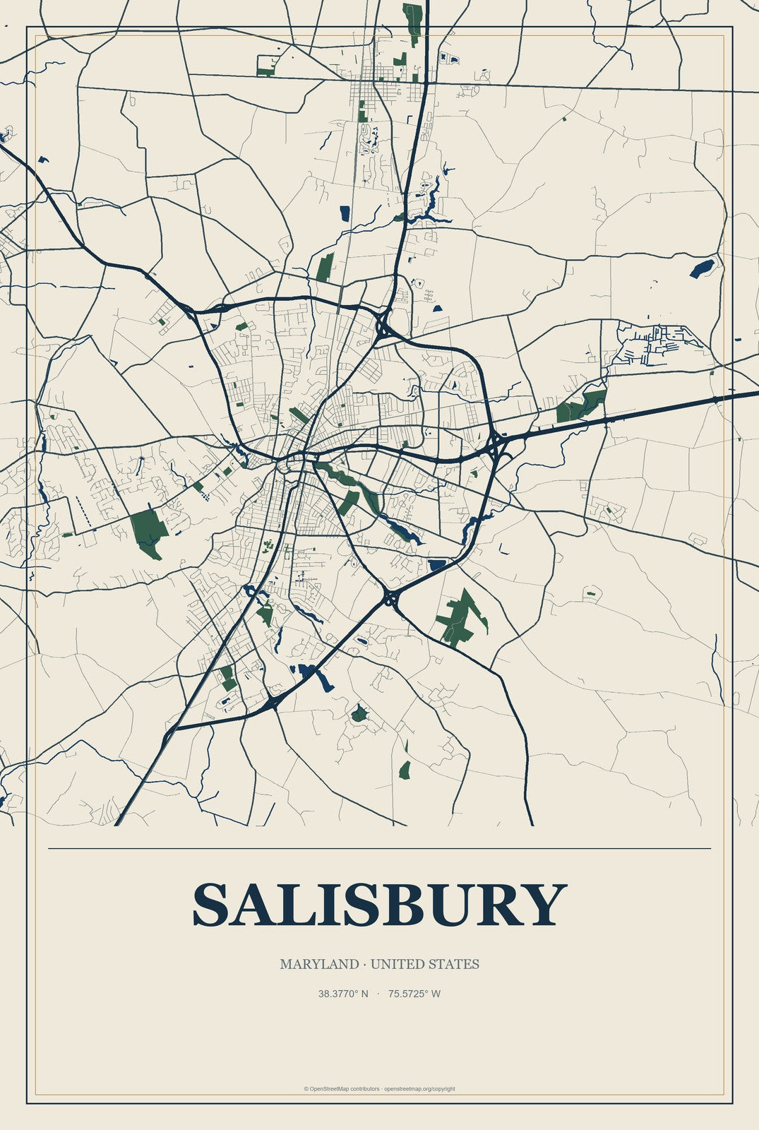 Salisbury, Maryland City Map Aluminum Sign in Coastal Cutout style