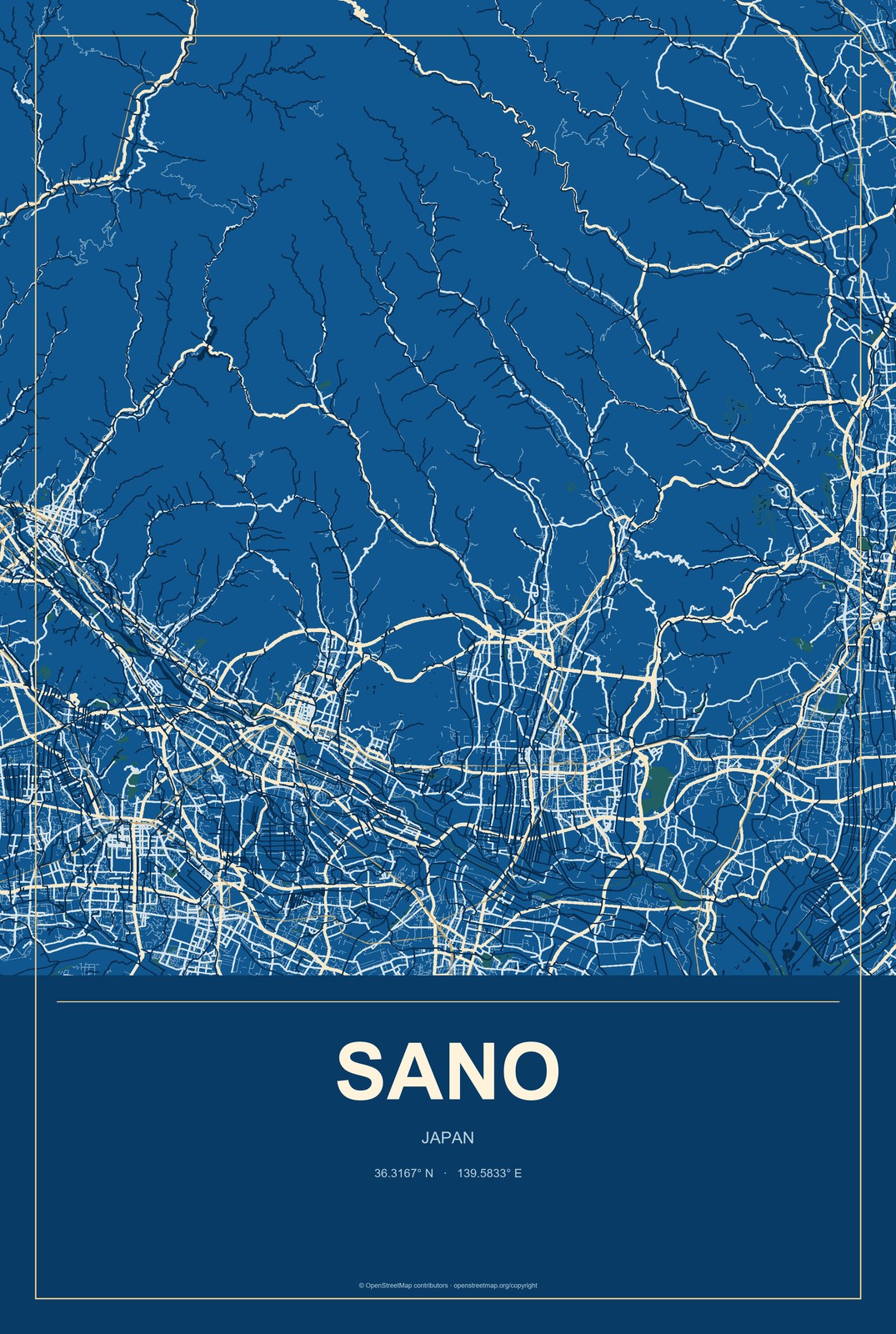 Sano, Japan City Map Aluminum Sign in Harbor Cobalt style