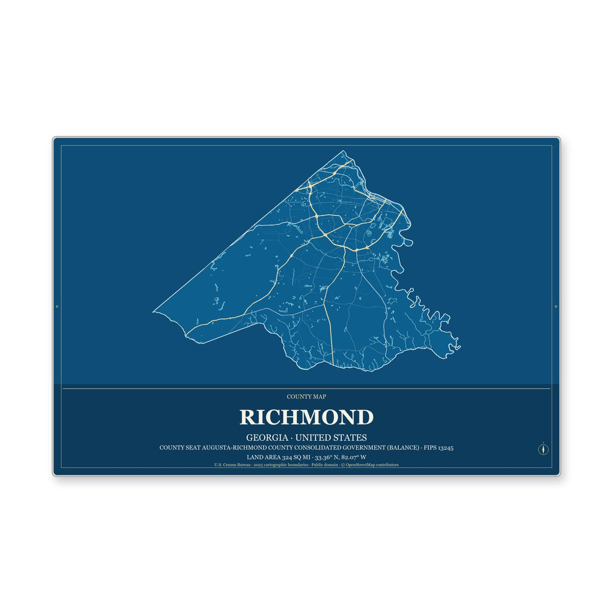 Richmond County, Georgia Map Aluminum Sign in Harbor Cobalt style