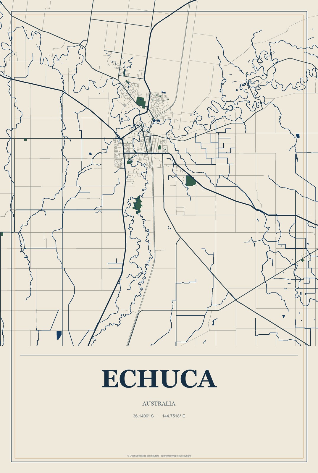 Echuca, Australia City Map Aluminum Sign in Coastal Cutout style