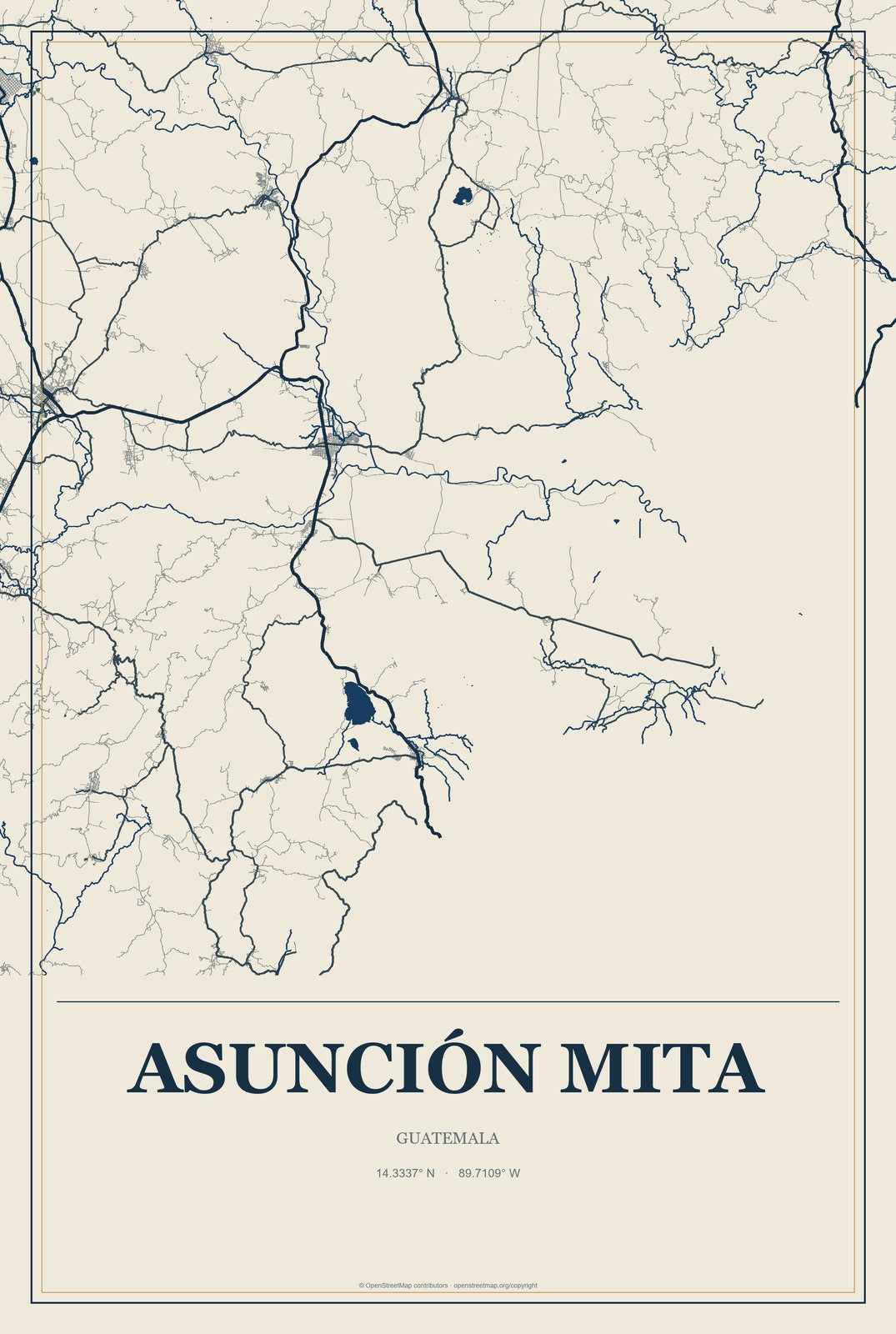 Asunción Mita, Guatemala City Map Aluminum Sign in Coastal Cutout style