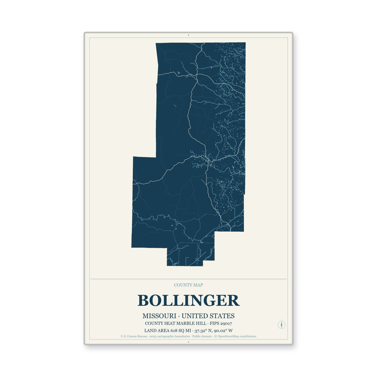 Bollinger County, Missouri Map Aluminum Sign in Coastal Cutout style