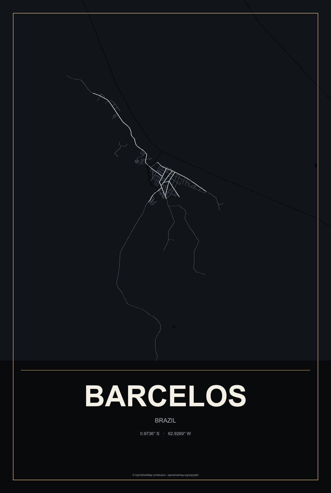 Barcelos, Brazil City Map Aluminum Sign in Metropolitan Noir style