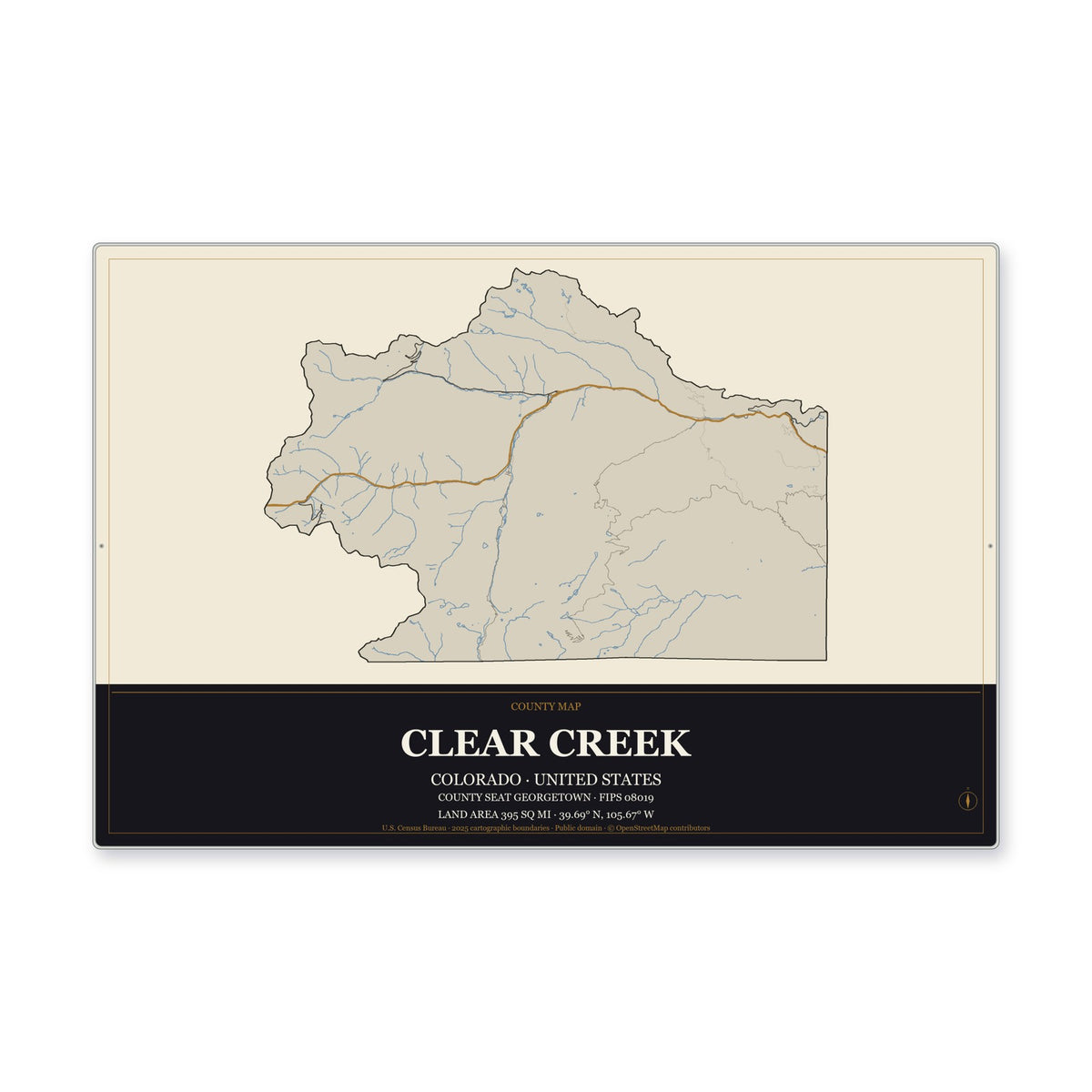 Clear Creek County, Colorado Map Aluminum Sign in Museum Plaque style